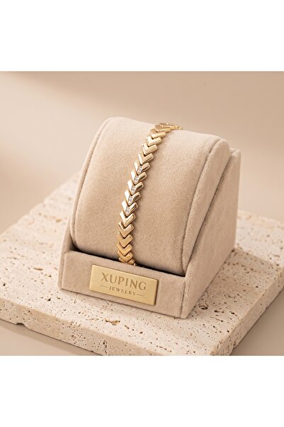 XUPING JEWELRY Vıp Seri 316L Çelik Gold Renk Zirkon Taşlı V Desenli Bileklik ...