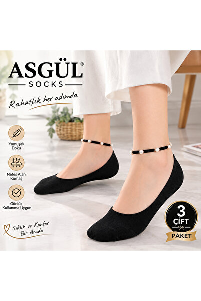 ASGÜL SOCKS Kadın Siyah 3 Çift Incili Babet Çorabı