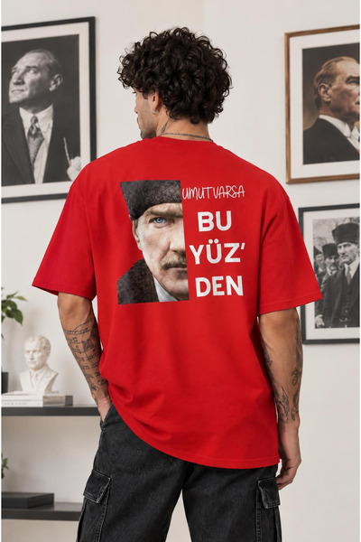 Atatürk Unisex Oversize 24/1 Pamuk Tişört - Özel Yaka Baskılı