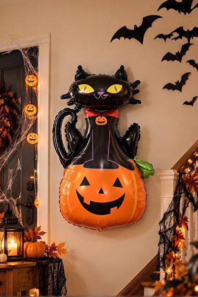 Patladı Gitti Kedili Bal Kabağı Büyük Boy 70x100 Cm Folyo Balon Halloween Cad...