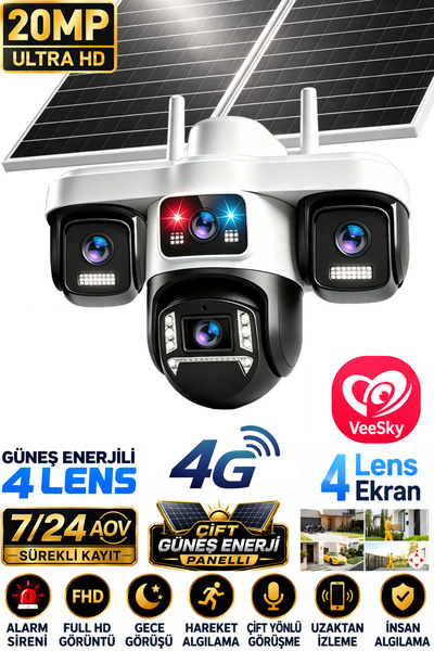 SONREİR Trio 4 Kameralı 20MP 4G Sim Kartlı Güvenlik Kamerası Çift Solar Panel...