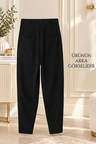 Puane Kadın Pantolon Siyah Renkli Kumaş Pantolon Zaramodel Pileli Paçaları Şık Düğme Detaylı Havuç Tipi Pantolon