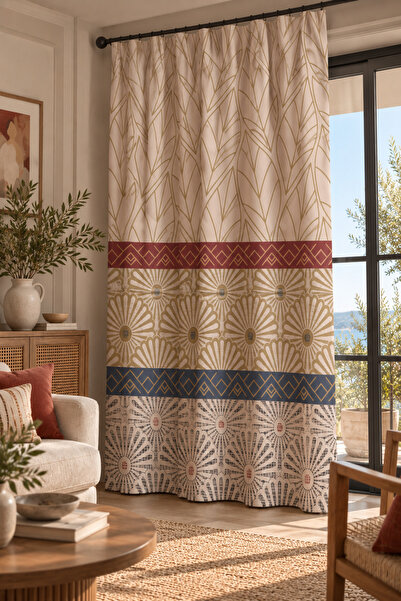 ALAMODECOR Vintage Model Çiçekli Mandala Tek Kanat Oturma Odası Salon Fon Perde