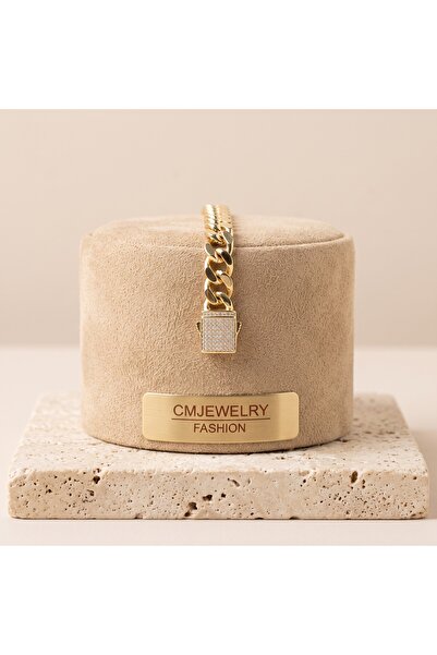CM Jewelry Vıp Seri 316L Çelik 14K Gold Renk Taşlı Kilitli Kalın Gurmet Bilek...