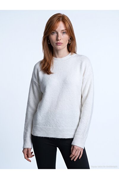 Dilvin 10640 Crew Neck Soft Textured Sweater-Ecru