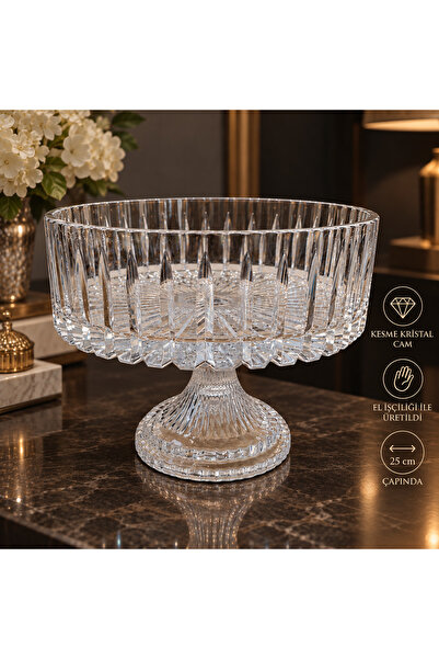 AYZ HOME Kesme Kristal Cam  Ayaklı Sunumluk Kase 25 Cm Salata Sunum Kasesi