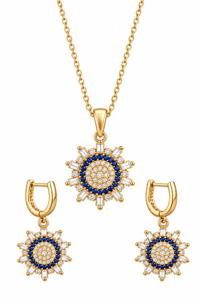 Shinestar atelier Mavi Taşlı Gold Kolye Küpe Takı Seti Kadın | Mare Serisi
