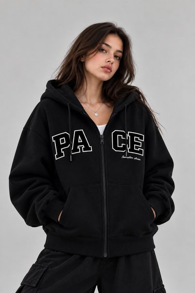 Kız Çocuk Sweatshirt 3 İplik Pace Baskılı Fermuarlı Kapüşonlu Oversize Hoodie