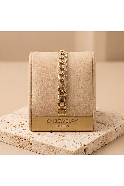 CM Jewelry Vıp Seri 316L Çelik 14K Gold Renk Zirkon Taşlı Gurmet Zincir Bilek...