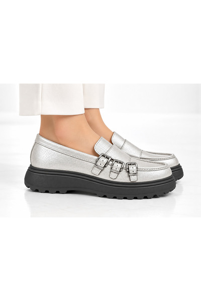 Oneka Shoes Kadın Günlük Loafer üç tokalı Gümüş simli 120926ELÜTG1802