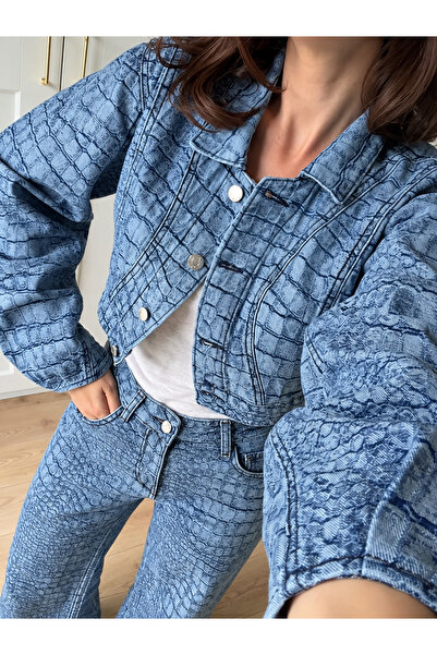 My Blog Mavi Croco Crop Ceket Pantolon Takım - 1189