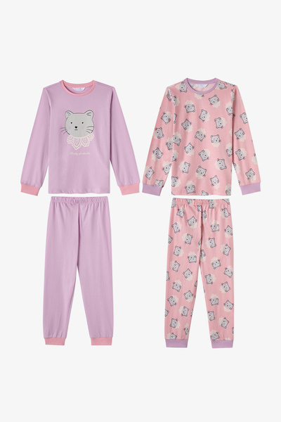 Penti Kız Çocuk Pembe Dainty Kitty Pamuklu Uzun Kollu 2'li Pijama Takımı