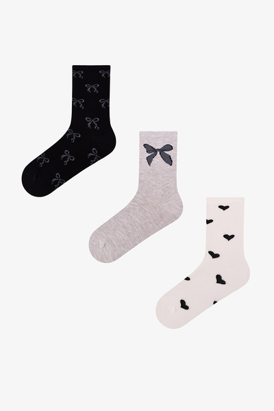 Penti Gri Ribbon Heart Fiyonk Desenli Pamuklu 3 Çift Soket Çorap