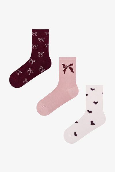 Penti Bordo Ribbon Heart Fiyonk Desenli Pamuklu 3 Çift Soket Çorap