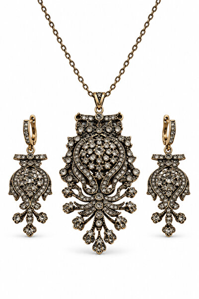 Shinestar atelier Vintage Osmanlı Motifli Zirkon Taşlı Gold Renk Kadın Takı Seti