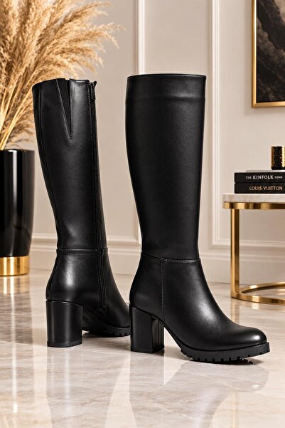 Bilalim Shoes Oval Burunlu Yandan Fermuarlı Deri Görünümlü Topuklu Kadın Siya...