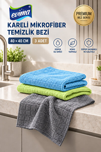 EVİMA EVima 3 Adet Güçlü Su Emiş Leke Bırakmayan 40×40 Genel Temizlik Bezi