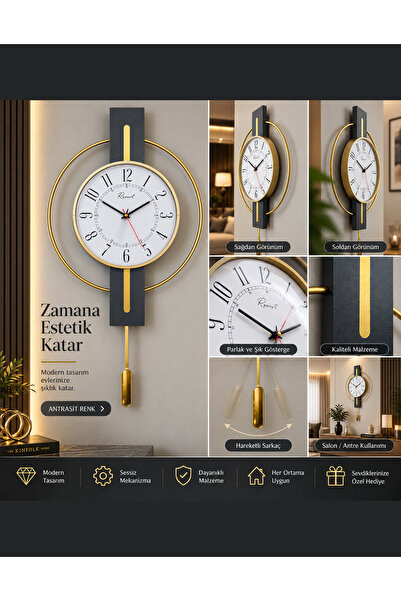 Racart HAREKETLİ SARKAÇLI KAPALI KADRANLI METAL HALKALI DEKORATİF SESSİZ DUVA...
