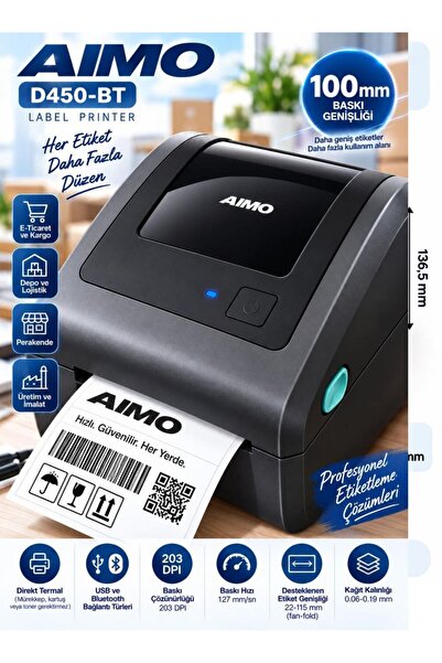 D450-BT Bluetooth Termal Etiket Yazıcı 203 DPI 150 mm/sn Kargo Barkod ve QR Kod USB Yazıcısı