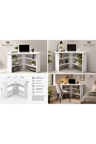 QUATTRO HOME Beyaz L Tipi Köşe Çalışma Masası ve Raflı Bilgisayar Masası