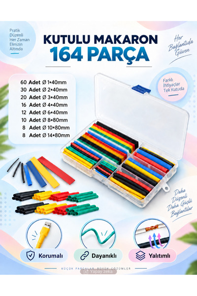Folveit 164 Parça Kutulu Makaron Isıyla Daralan Kablo Koruma Kablo Tamir Seti...