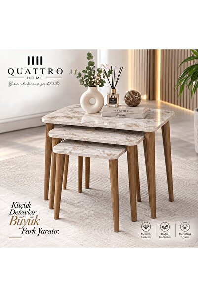 QUATTRO HOME Beyaz 3'lü Zigon Sehpa Takımı Masif Ahşap Ayaklı