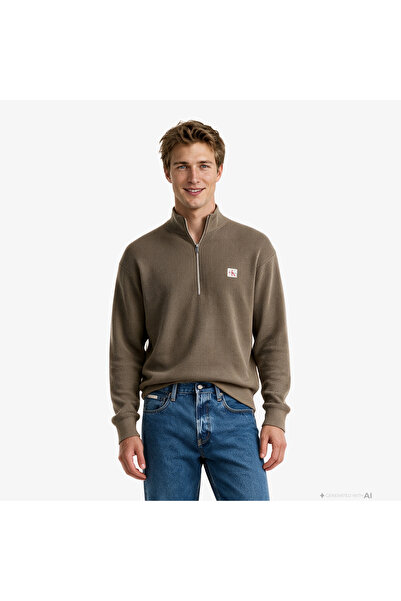 Calvin Klein Classic Cotton Wfle QZip Erkek Kahverengi Triko