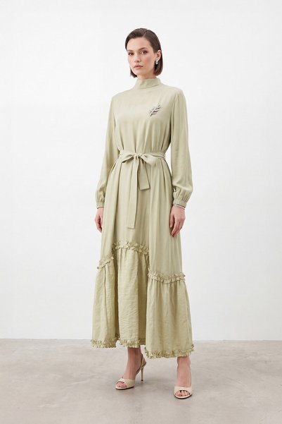 Puane Women's Brooch Detailed Belted Long Dress 12675