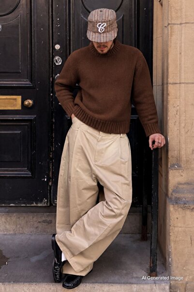 Madmext Brown Crew Neck Overfit Men's Knitwear Sweater E7402