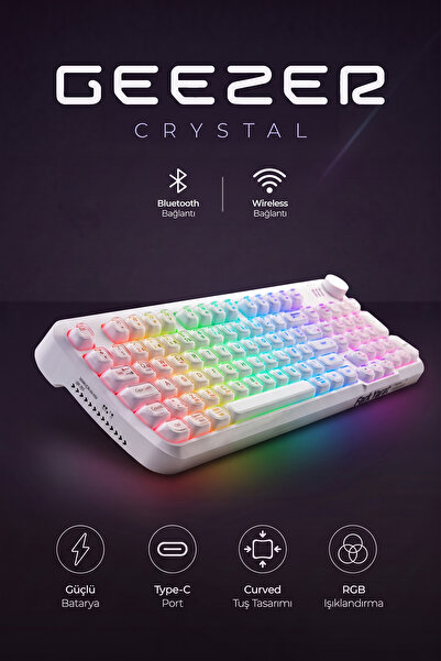 Geezer Crystal Kablolu/Kablosuz BT Wireless Bağlantı Türkçe Q Klavye Beyaz SK...