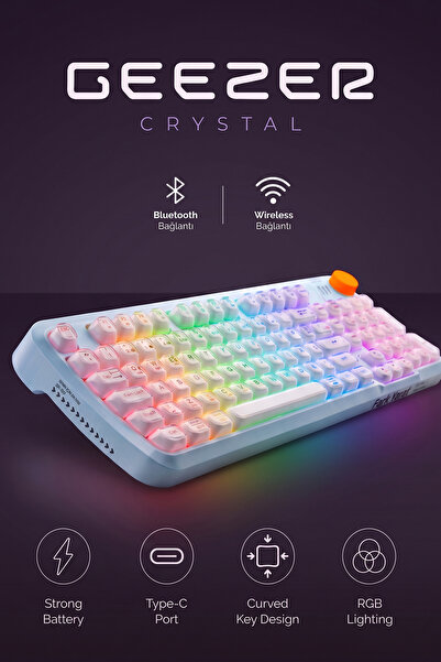 Geezer Crystal Kablolu/Kablosuz BT Wireless Bağlantı Türkçe Q Klavye Mavi-Bey...