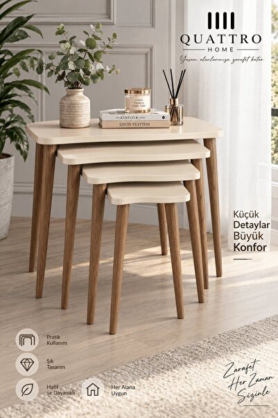 QUATTRO HOME Torna Ahşap Ayaklı 4'lü Zigon Sehpa Takımı Krem Bej