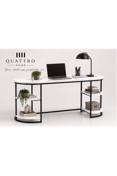 QUATTRO HOME Beyaz Renkli Metal Ayaklı 3 Raflı Çalışma ve Makyaj Masası 140 cm
