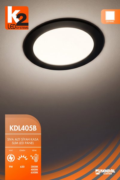 K2 KDL405B Sıva Altı Siyah Kasa LED Panel 9W Beyaz Işık