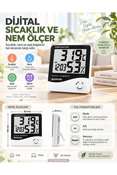 Unichrome Dijital Oda Termometre Sıcaklık Ve Nem Ölçer Masa Saati Alarm