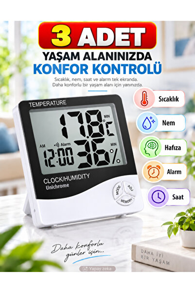Unichrome 3 Adet Dijital Termometre Sıcaklık Ve Nem Ölçer Masa Saati Alarm