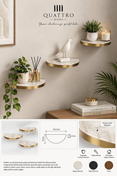 QUATTRO HOME 3'lü Oval Duvar Rafı Gold Efes Beyaz Mermer Desenli