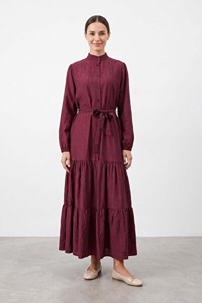 Puane Kadın Kuşaklı Hakim Yaka Maxi Elbise - 12706ELB Bordo