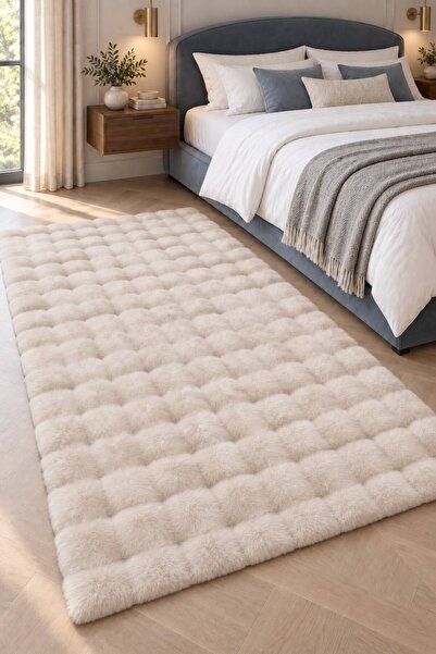 Home Bubble Tavşan Tüyü Bej Yumuşak Yıkanabilir Tabanlı Peluş Halı