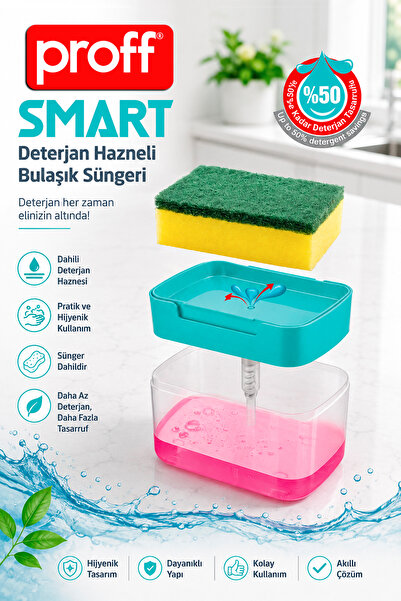 Proff Smart Dish Sponge with Detergent Container - 50% Savings Liquid Soap Dispenser with Pump Sponge Holder