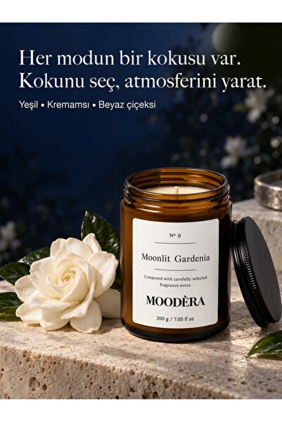 MOODÈRA Gardenia Kokulu Mum, %10 Koku Esansı, Soya ve Parafin Mum Karışımı Kutulu