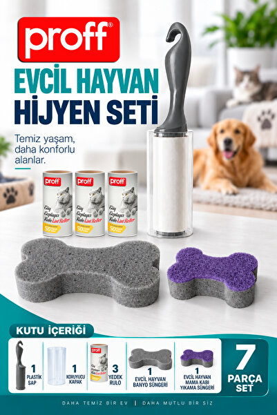 Proff 7 Parça Evcil Hayvan Hijyen Seti - Kedi Köpek Tüy Toplayıcı Rulo, Banyo...