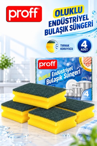 Proff 4'lü Oluklu Endüstriyel Bulaşık Süngeri - Tırnak Koruyucu Büyük Boy Pro...