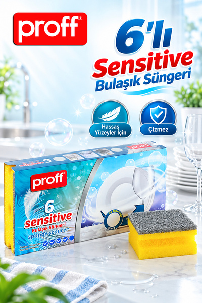Proff 6'lı Sensitive Çizmez Bulaşık Süngeri - Hassas Yüzeyler İçin Özel Dokul...