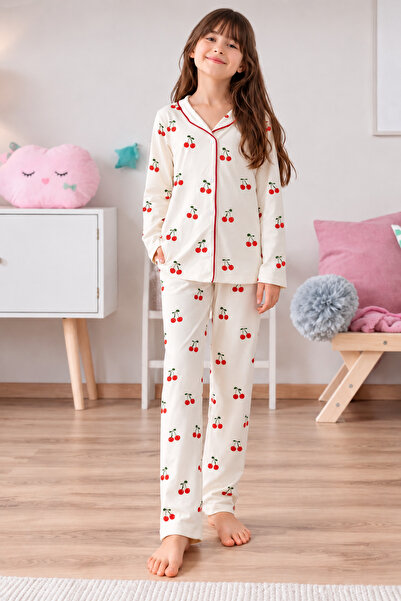 zahider Girl's Cotton Button-Down Shirt Collar Pajama Set