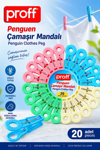 Proff Penguin 20-Piece Clothes Pegs Set, Non-Marking, Strong Spring, Unbreakable, Colorful Pegs