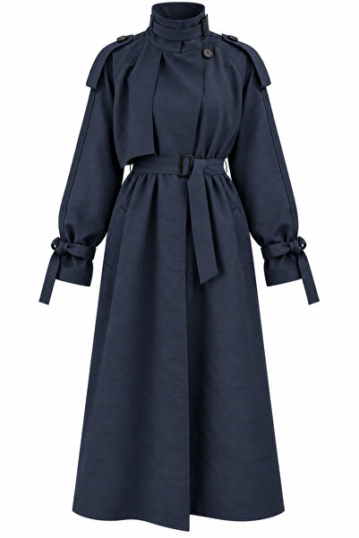 Laluvia Lacivert Kuşaklı Premium Oversize Trençkot - 8646