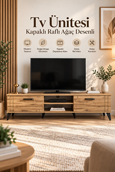 KLT Modüler Tv Ünitesi Kapaklı Raflı Ağaç Desenli Atlas Tv Ünitesi Atlantik Çam