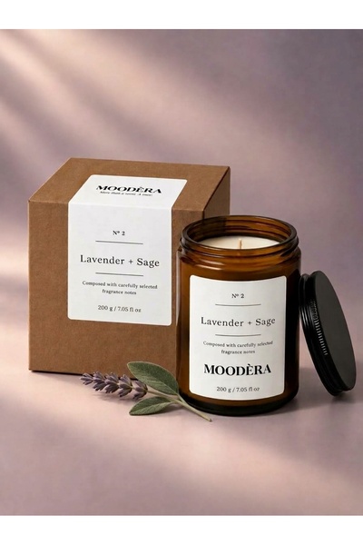 MOODÈRA Lavender + Sage Kokulu Mum, %10 Koku Esansı, Soya ve Parafin Mum Karı...