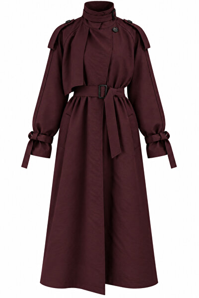Laluvia Bordo Kuşaklı Premium Oversize Trençkot - 8646